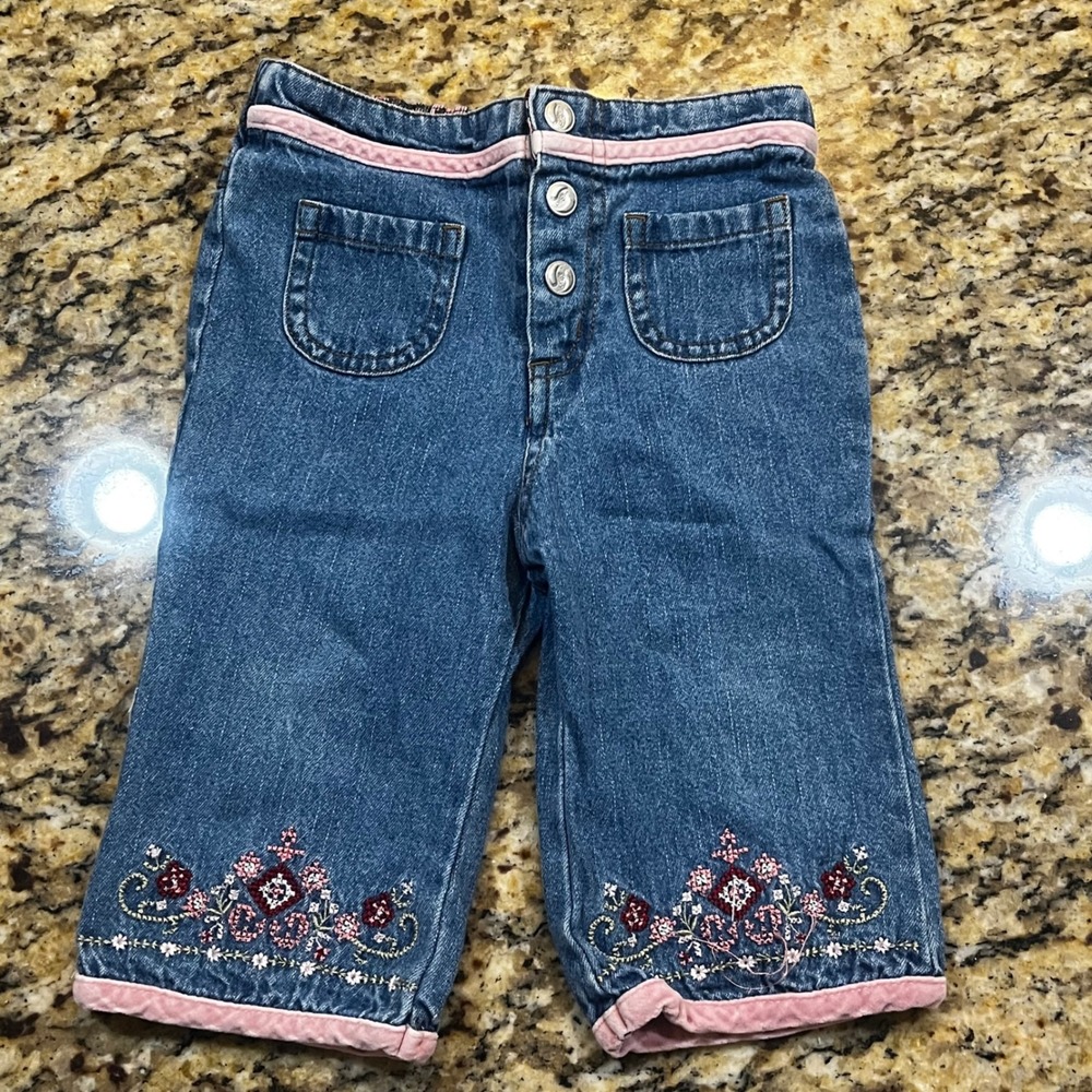 Vintage Faded Glory Girl 18M Blue Denim Jeans‎ Floral Embroidery Pink Velvet